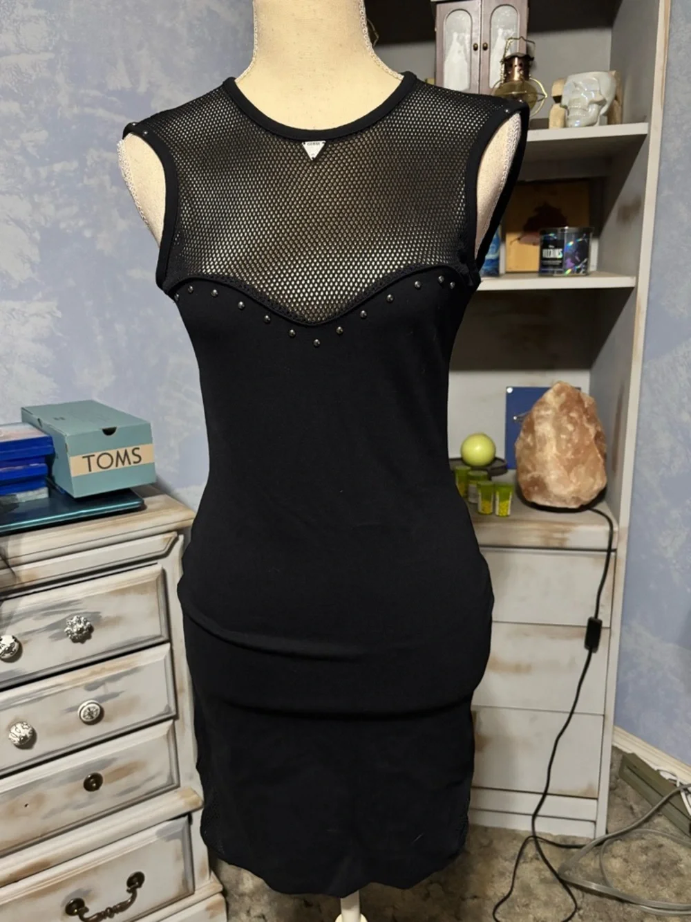 Guess Black Mesh Studded Bodycon Dress XS Sleeveless Sheer Panel - Picture 3 of 12